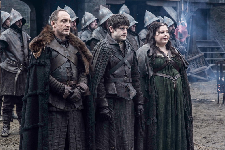 Michael McElhatton as Roose Bolton, Iwan Rheon as Ramsay Bolton and Elizabeth Webster as Walda Frey _ photo Helen Sloan_HBO