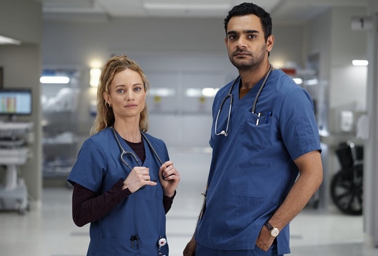 TRANSPLANT -- Season 3 Gallery -- Pictured: (l-r) Laurence Leboeuf as Dr. Magalie Leblanc, Hamza Haq as Dr. Bashir Hamed -- (Photo by: Yan Turcotte/Sphere Media/CTV)