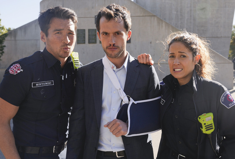 STATION 19 - “Come As You Are” - At the clinic, firefighters take care of a patient with an old burn and a mysterious past. Things become personal for Theo when he returns to the neighborhood that raised him, and Carina bonds with a pregnant patient who presents her with an offer. THURSDAY, MARCH 9 (8:00-9:00 p.m. EST), on ABC. (ABC/James Clark)
JAY HAYDEN, ROB HEAPS, JAINA LEE ORTIZ