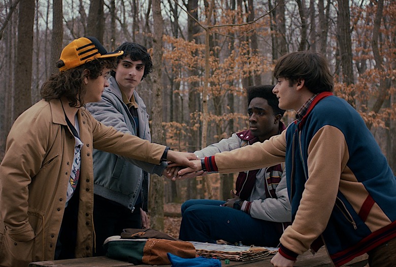 STRANGER THINGS. (L to R) Gaten Matarazzo as Dustin Henderson, Finn Wolfhard as Mike Wheeler, Caleb McLaughlin as Lucas Sinclair, and Noah Schnapp as Will Byers in STRANGER THINGS. Cr. Courtesy of Netflix © 2025