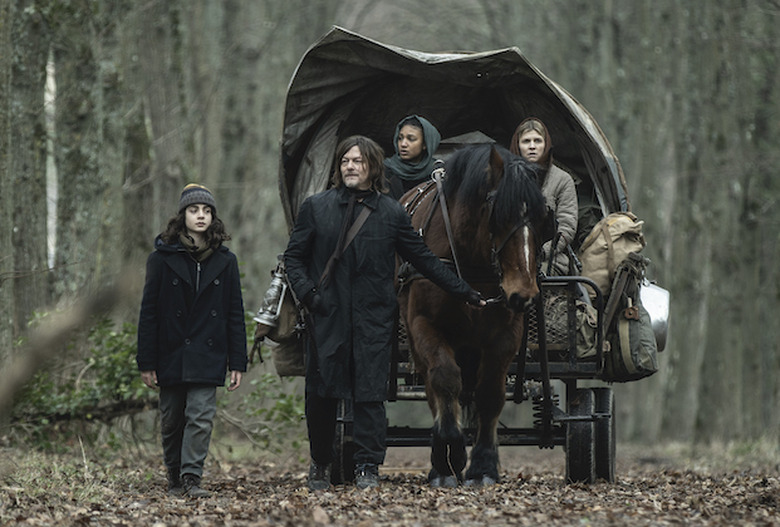 Louis Puech Scigliuzzi as Laurent, Norman Reedus as Daryl Dixon, Laïka Blanc-Francard as Sylvie, Clémence Poésy as Isabelle - The Walking Dead: Daryl Dixon _ Season 1 - Photo Credit: Emmanuel Guimier/AMC