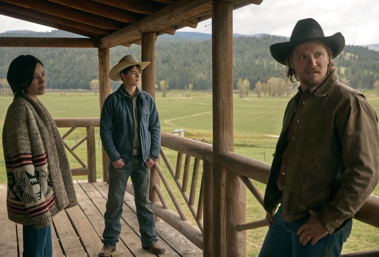 L-R: Kelsey Asbille as Monica Long, Brecken Merrill as Tate Dutton, Luke Grimes as Kacey Dutton on episode 509 of Paramount Network's Yellowstone