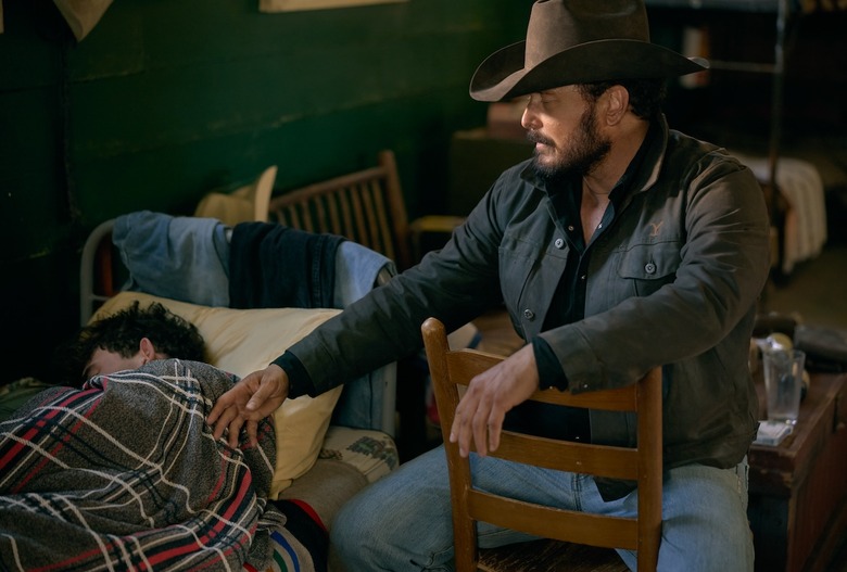 L-R: Finn Little as Carter and Cole Hauser as Rip Wheeler on episode 509 of Paramount Network's Yellowstone.