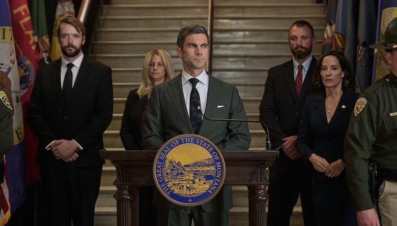 L-R: Wes Bentley as Jamie Dutton and Wendy Moniz as Governor Perry on episode 509 of Paramount Network's Yellowstone