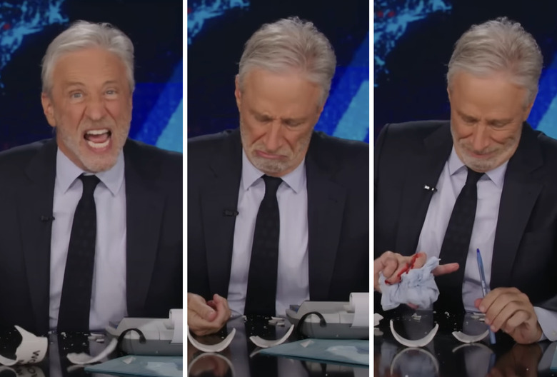 Jon Stewart Cuts Hand on 'The Daily Show' Video