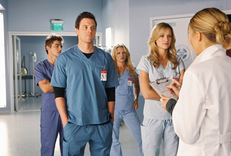 SCRUBS, (from left): Dave Franco, Michael Mosley, Nicky Whelan, Kerry Bishe, Eliza Coupe, 'Our Histo